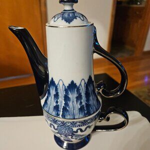 vintage Bombay company porcelain teapot and saucer set  asian garden pattern